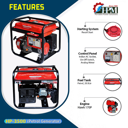 3 KVA Portable Generator, Petrol Run, Model HP-3500, Recoil Start